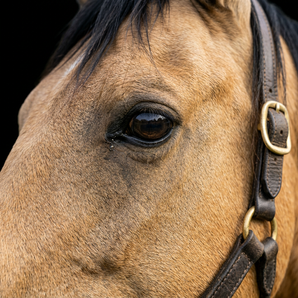 Close-up of a horse's head with a brown coat and a black mane